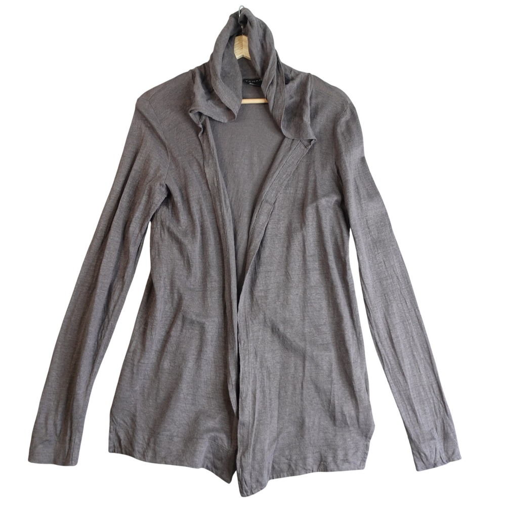 Tahari 100% Linen Open Front Hooded Cardigan Womens M Gray Beachy Light Cover Up